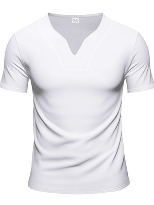 White v-neck tee with notched collar and contrast stitching detail.