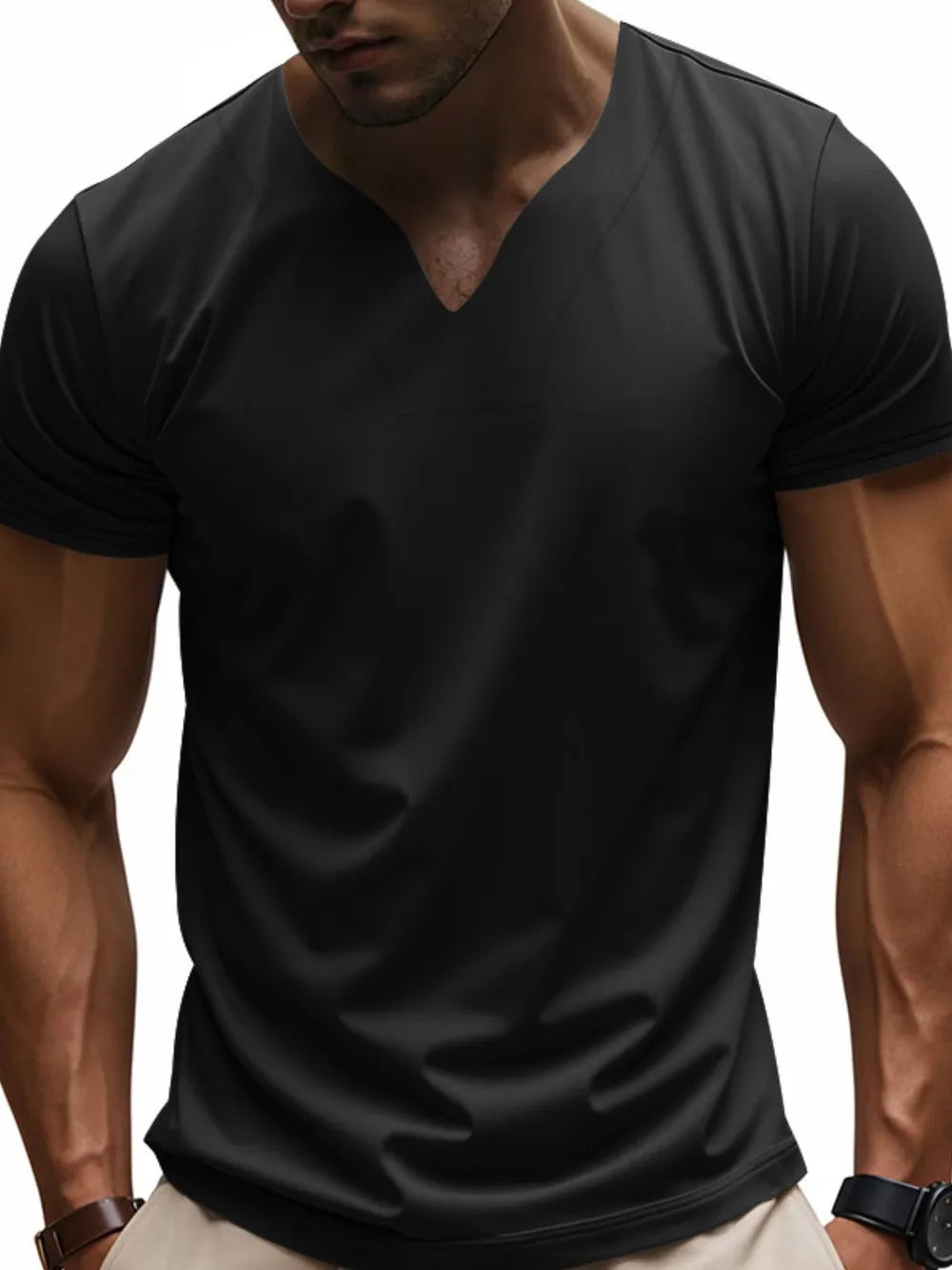 Black V-neck performance tee with short sleeves.