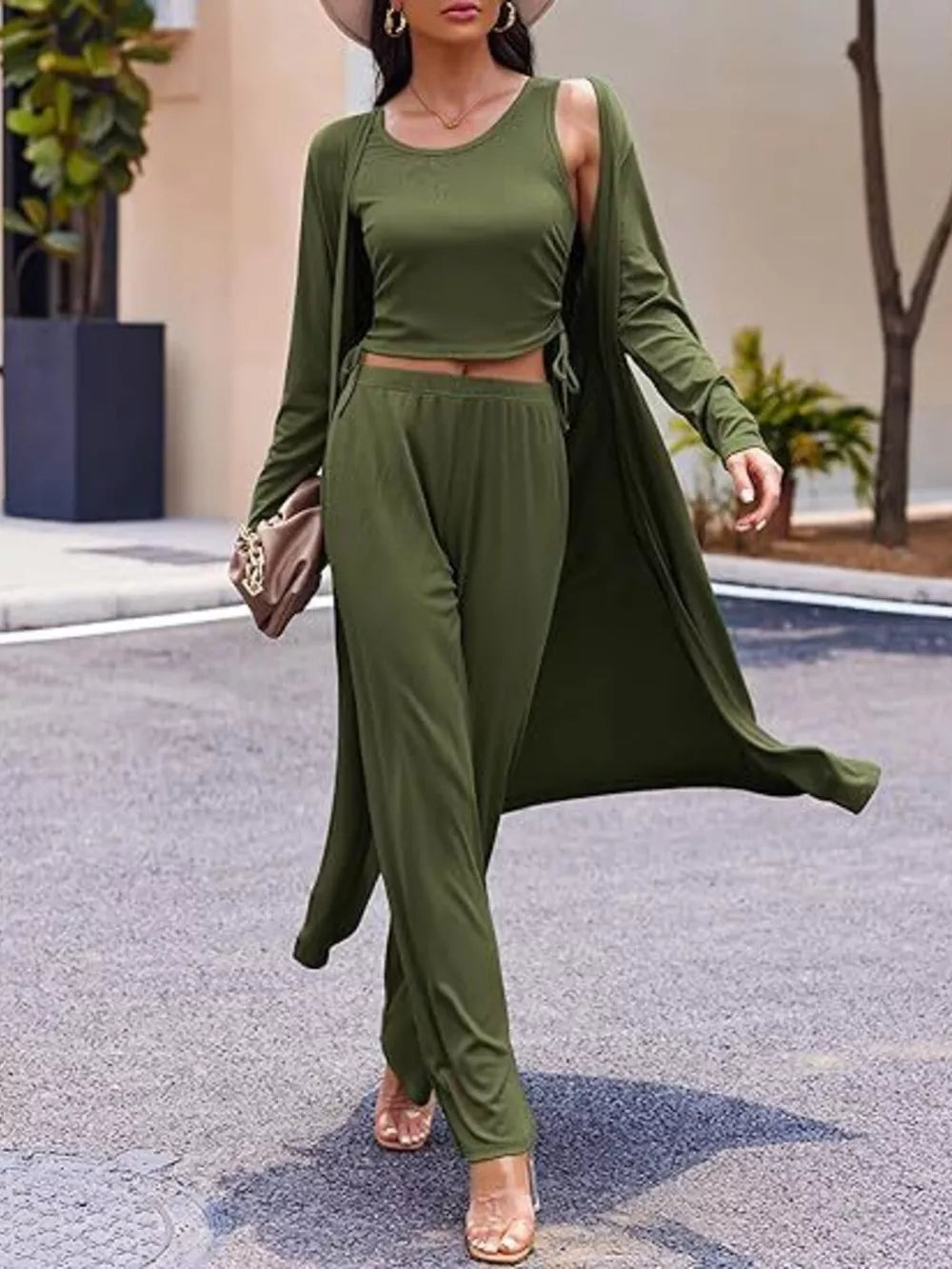 Round Neck Tank Cardigan Pants Set, fit detail