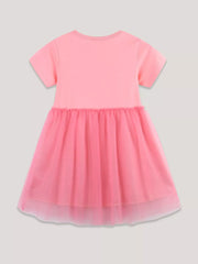 Pink baby dress with short sleeves and a layered tulle skirt.