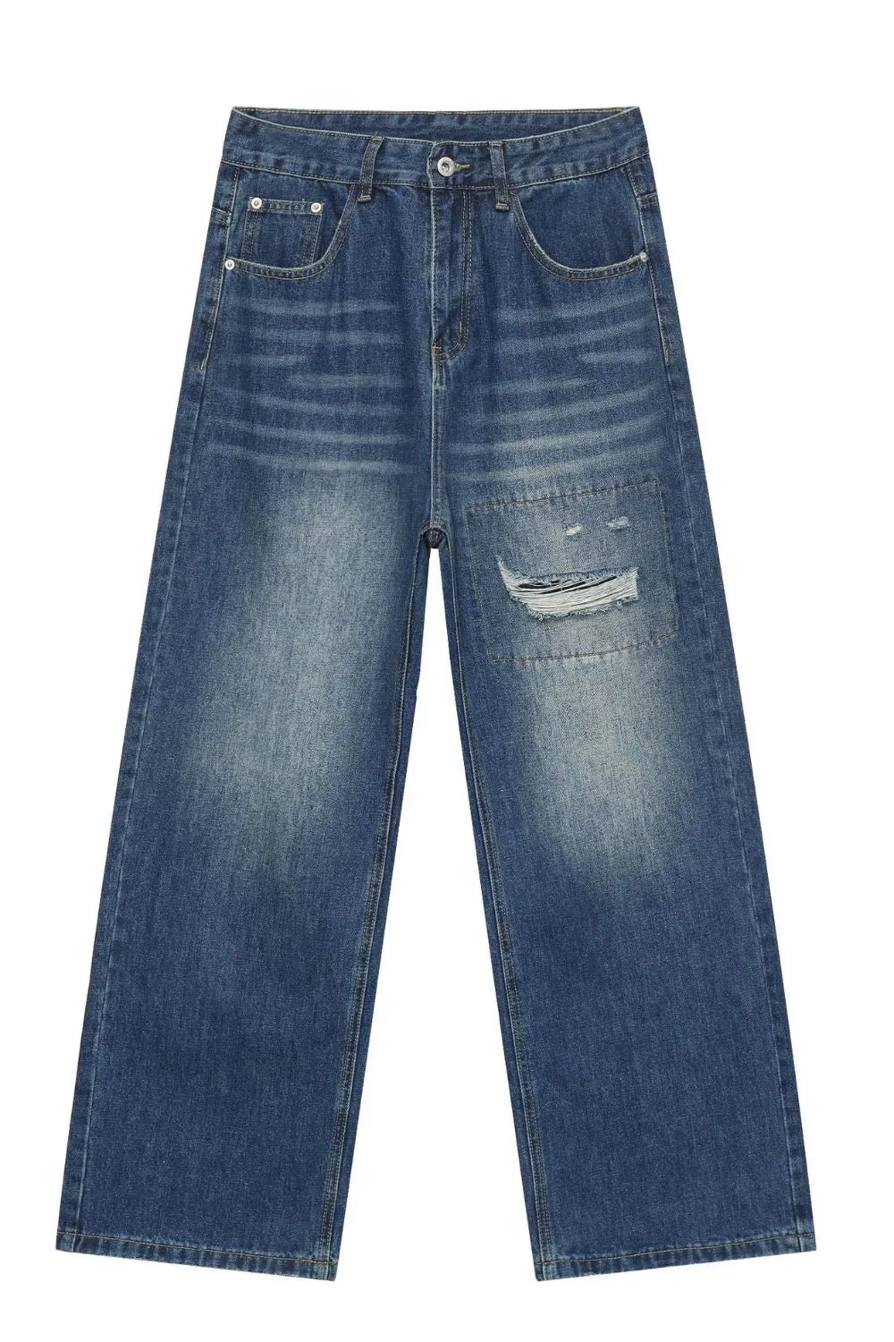 Baggy patchwork denim jeans in medium vintage wash with distressed details.