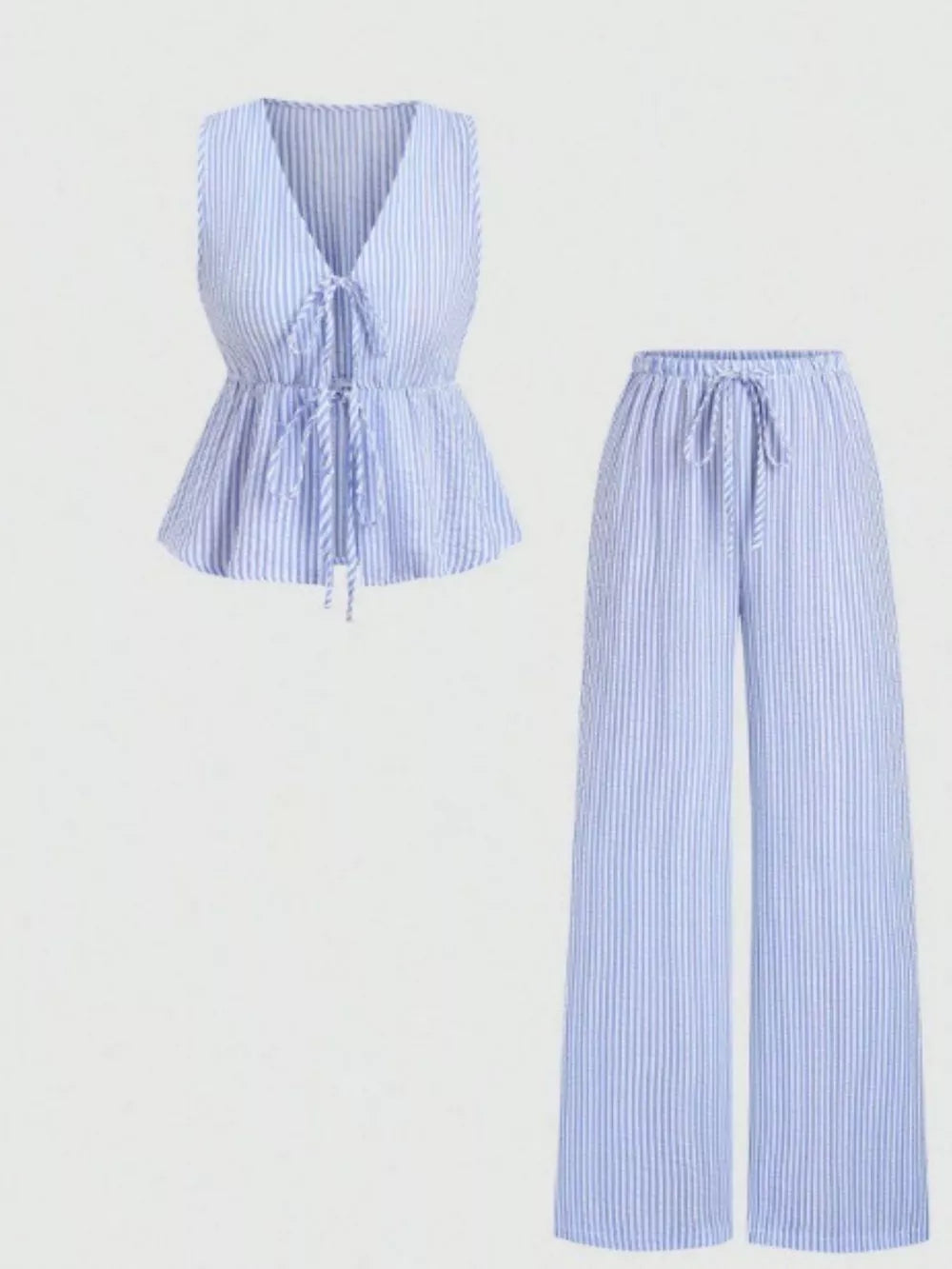 Striped Tie-front Sleeveless Top And Pants Set, alternate angle