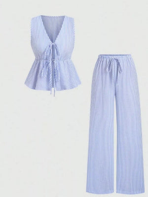 Striped Tie-front Sleeveless Top And Pants Set, alternate angle