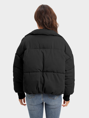 Black padded bomber jacket with ribbed cuffs and collar detail.
