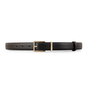 Black leather belt with gold buckle and keeper loop