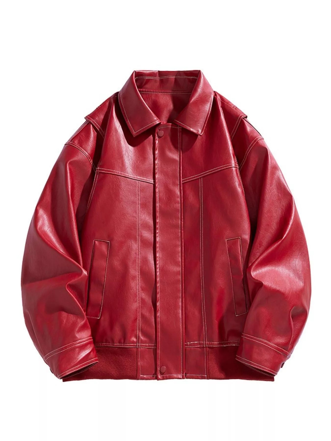 Red oversized leather bomber jacket with white contrast stitching and collar.