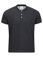 Men's dark gray textured ribbed henley t-shirt with button placket and short sleeves.