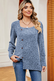 Dusty blue ribbed button-down top with asymmetric hem and square neckline.