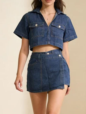 Denim cropped button-down top and mini skort set in medium wash.