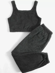 Cozy Plush Cropped Tank And Pants Lounge Set in Pink, fit detail