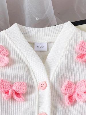 Children's Bow Button Up Cardigan And Pleated Skirt Set in Pink, close-up detail