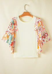 Beige t-shirt with patchwork floral print flutter sleeves