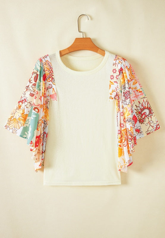 Beige t-shirt with patchwork floral print flutter sleeves