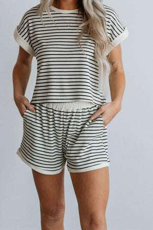 Ribbed stripe tee and shorts set with cuffed sleeves and elastic waist shorts.