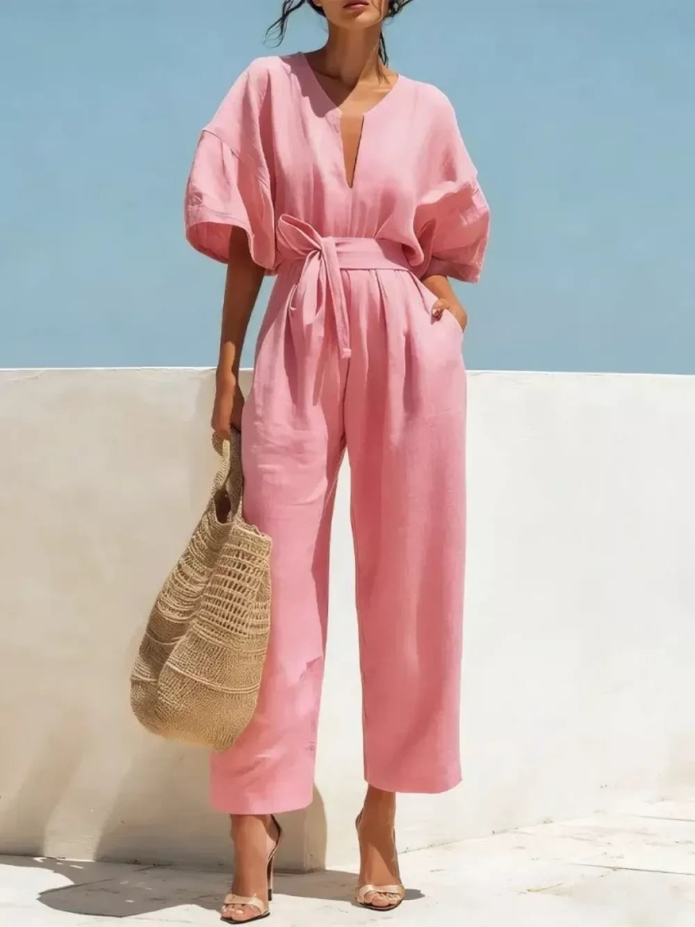 Tie Waist Wide Leg Jumpsuit, model styling view