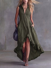 Army green sleeveless high-low ruffled dress with zipper and collar.