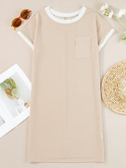 Beige striped t-shirt dress with crew neck, short sleeves, and chest pocket.