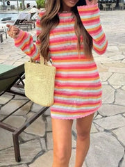 Striped Long Sleeve Crochet Knit Dress in Rose Gold, model styling view