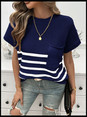 Knit stripe tee in dark navy with white stripes, patch pocket, and crew neck.