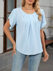 Sky blue polyester pleated short sleeve blouse with scalloped cuffs.