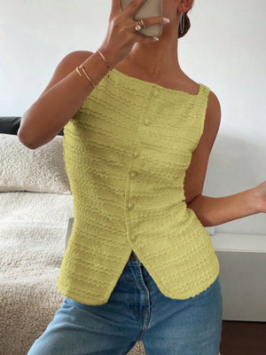 Yellow-green wavy textured button-front tank top with square neckline