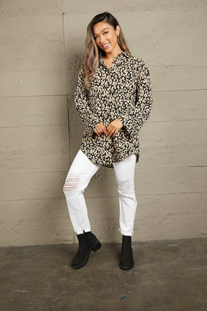 Black abstract spot print oversized shirt with button front and collar.