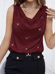 Burgundy sequin tank top with cowl neck and sparkle detail.