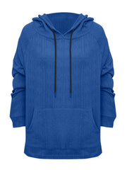 Light blue textured knit raglan hoodie with drawstring and front pocket.