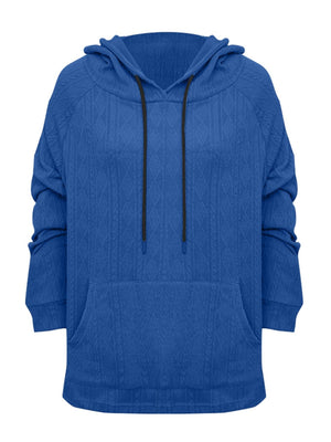 Light blue textured knit raglan hoodie with drawstring and front pocket.