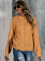 Mustard openwork knit crew neck pullover sweater with balloon sleeves.