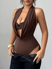 Brown halter neck cutout ruched bodysuit with a draped neckline and ring detail.