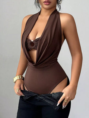 Brown halter neck cutout ruched bodysuit with a draped neckline and ring detail.