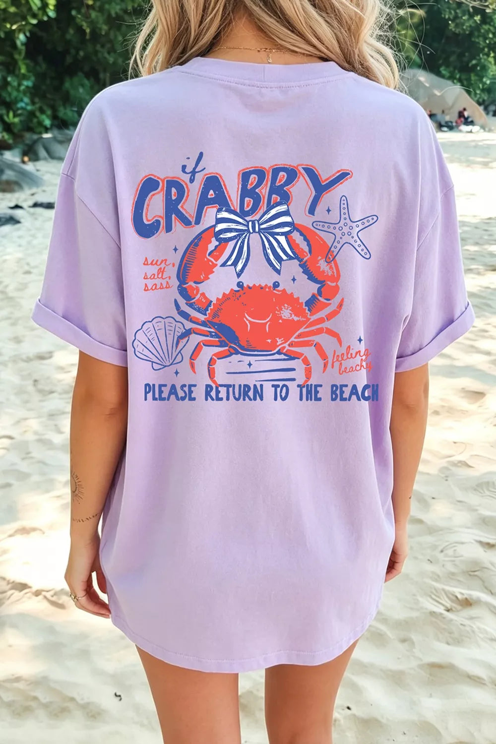 Lavender maternity t-shirt with playful crab graphic and beach text, short sleeves, crew neck.
