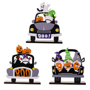 Halloween gnome car tableau set with pumpkins, ghosts, and black cats.