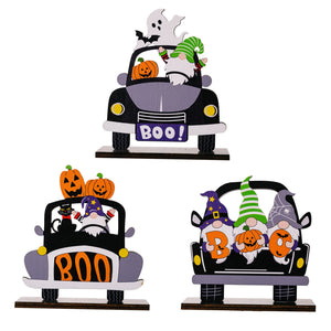 Halloween gnome car tableau set with pumpkins, ghosts, and black cats.