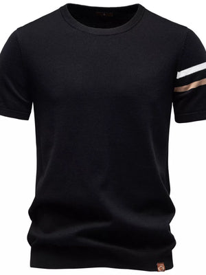 Black cotton t-shirt with striped sleeves, crew neck, short sleeves.