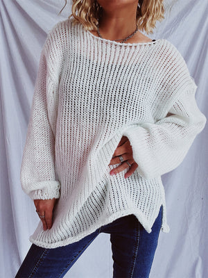 White open-knit slouchy boatneck pullover sweater with wide sleeves and a relaxed fit.