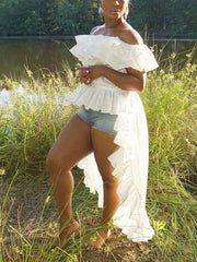 White ruffled off-shoulder maternity blouse with high-low hem