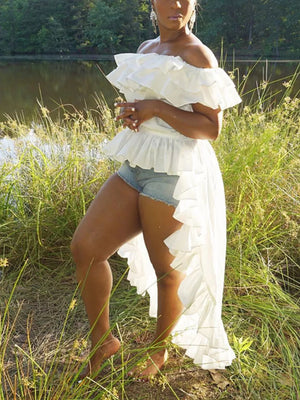 White ruffled off-shoulder maternity blouse with high-low hem