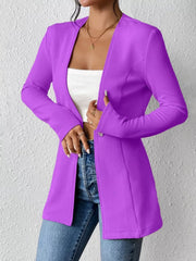 Purple single-button blazer with tailored fit and textured fabric, open front with long sleeves.