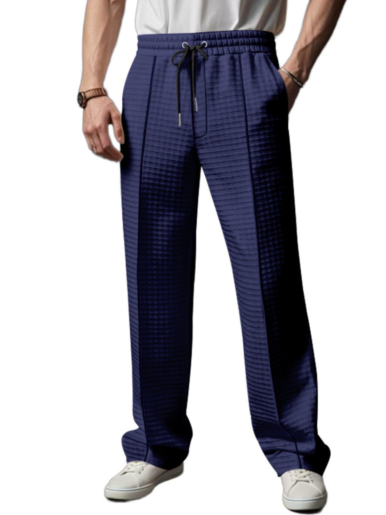 Navy blue textured drawstring sweatpants for men with a casual fit.