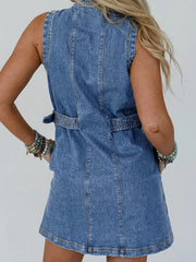 Belted denim dress with button front, sleeveless, and a classic blue wash.