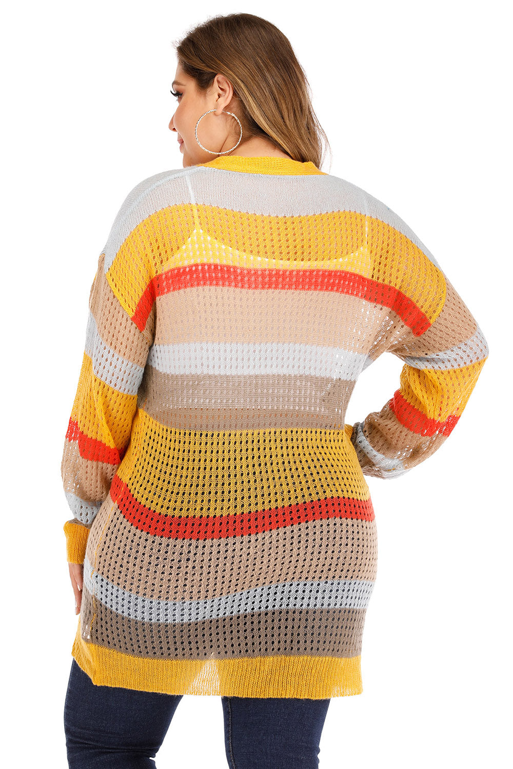Striped open-knit button-down cardigan in tangerine with yellow, tan, grey, and red stripes.