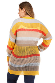 Striped open-knit button-down cardigan in tangerine with yellow, tan, grey, and red stripes.
