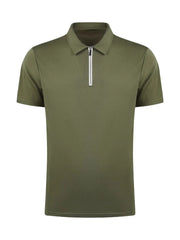 Moss green zip-front polo shirt with short sleeves and a streamlined fit.