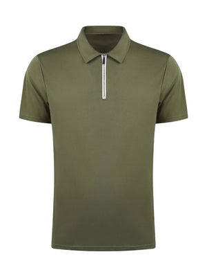 Moss green zip-front polo shirt with short sleeves and a streamlined fit.