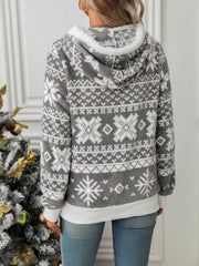 Gray fleece hoodie with white Fair Isle snowflake pattern and sherpa-lined hood.