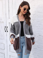 Colorblock knit open cardigan in dark gray, white, and brown with a relaxed fit.