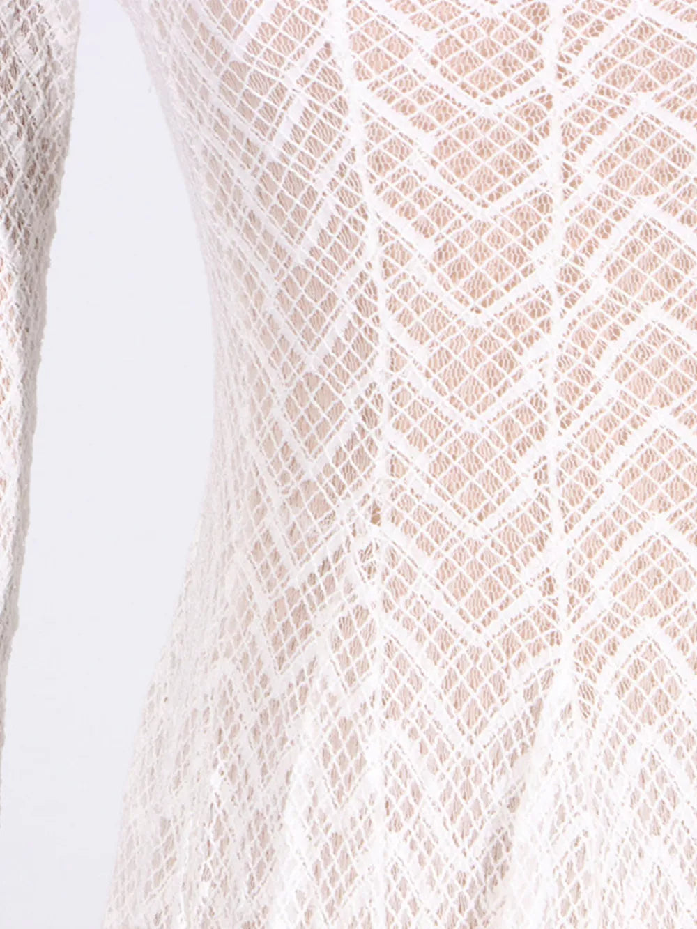 White lace maxi dress with chevron pattern and mock neck detail