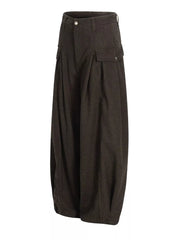 Brown corduroy wide-leg pleated sweatpants with cargo pockets.